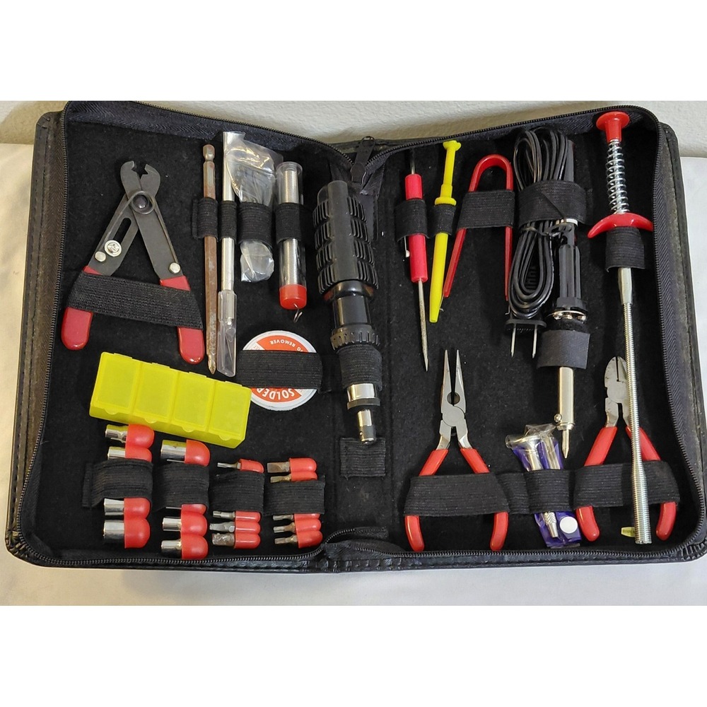 CompUSA Electronics Repair Tool Kit Soldering Iron Multimeter Test Lead Set Case